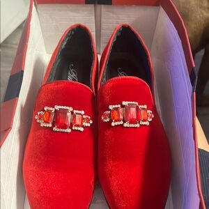 Amali Red Velvet Men's Loafers with Jewel Accents